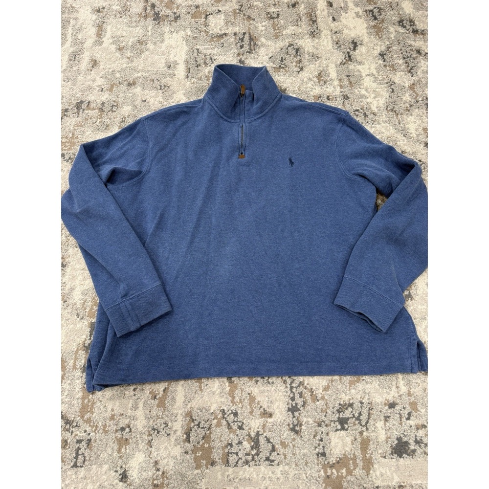 Polo Ralph Lauren Quarter Zip Pullover Sweater L Blue Cotton Knit Mock Neck
